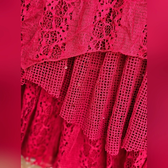 Indigo Soul Burgundy Wine Lace Sequin Flowy Tiered Layered Ruffle Longsleeve Top - Picture 4 of 14